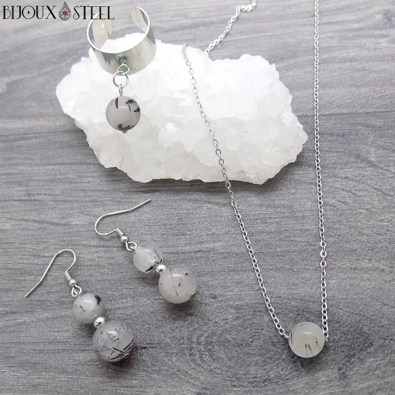 Collier à perle de quartz tourmaline en acier inoxydable