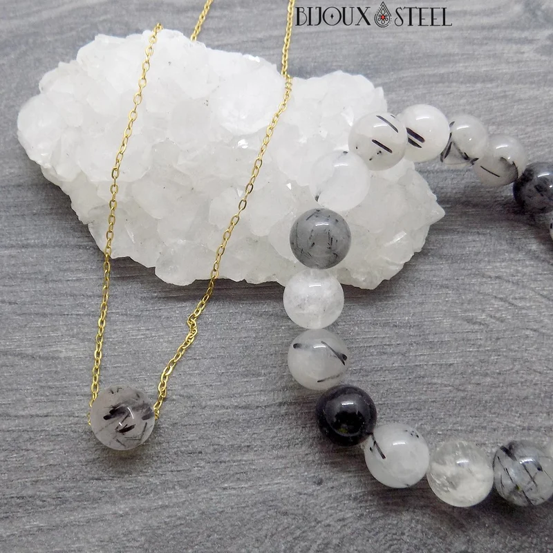 Collier à perle de quartz tourmaline en acier inoxydable