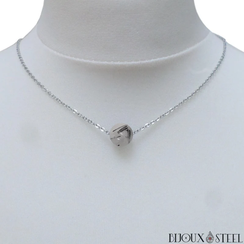 Collier à perle de quartz tourmaline en acier inoxydable