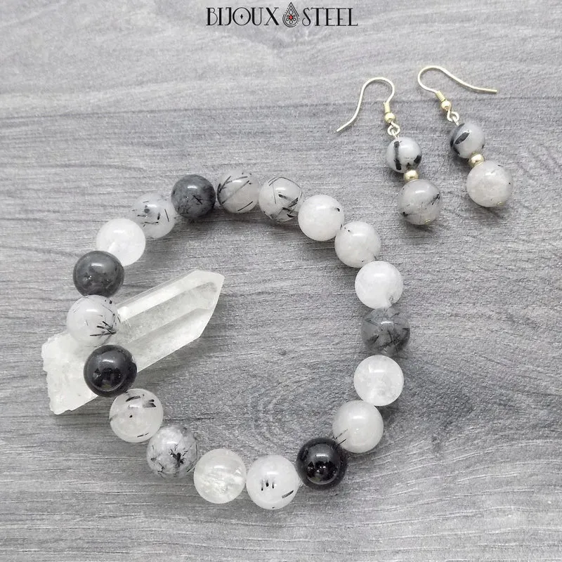 Bracelet en perles de quartz tourmaline 10mm
