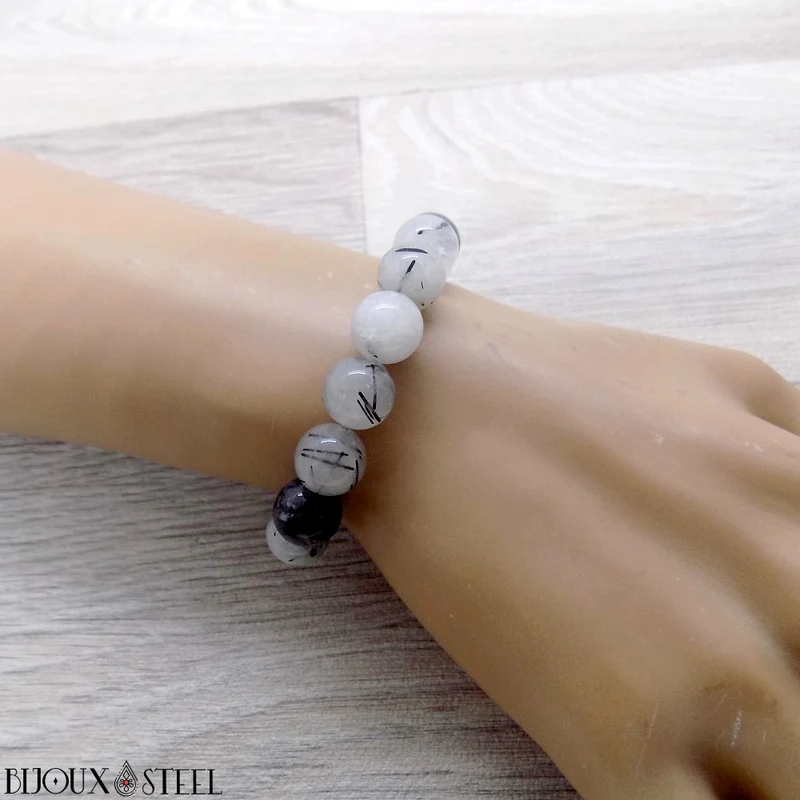 Bracelet en perles de quartz tourmaline 10mm