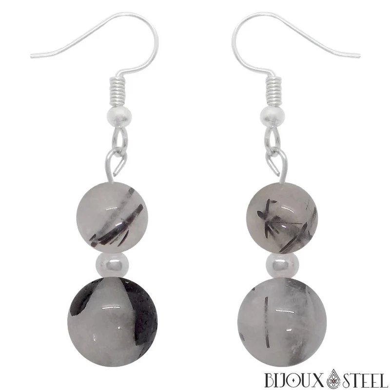 Boucles d'oreilles pendantes doubles perles en quartz tourmaline