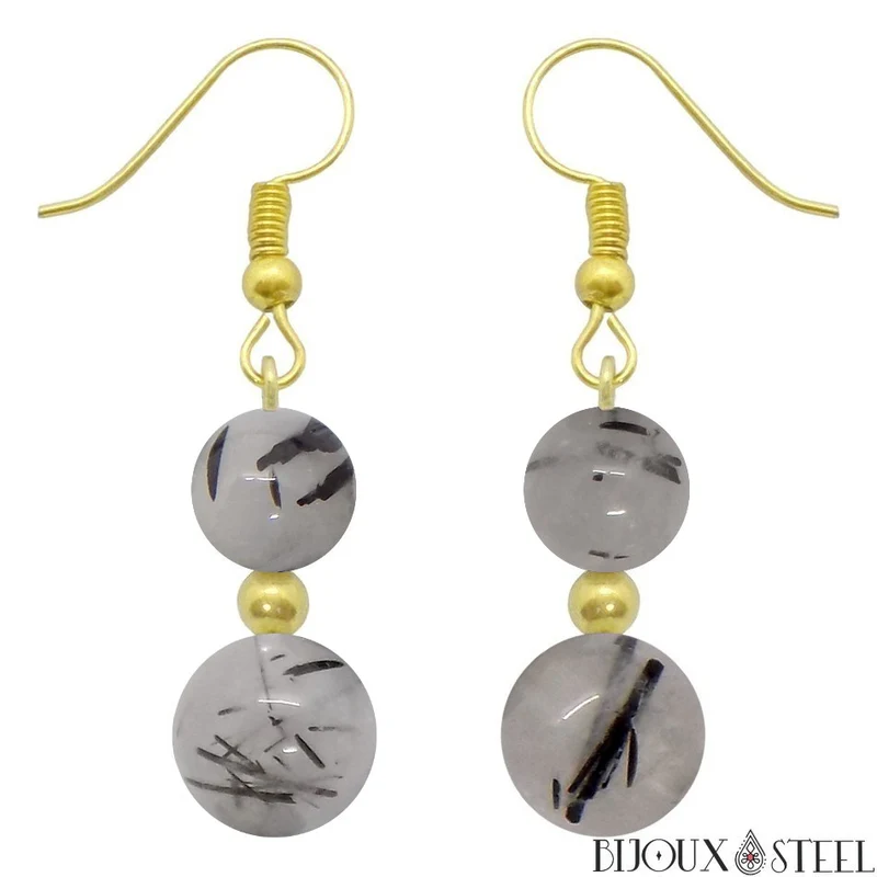 Boucles d'oreilles pendantes doubles perles en quartz tourmaline