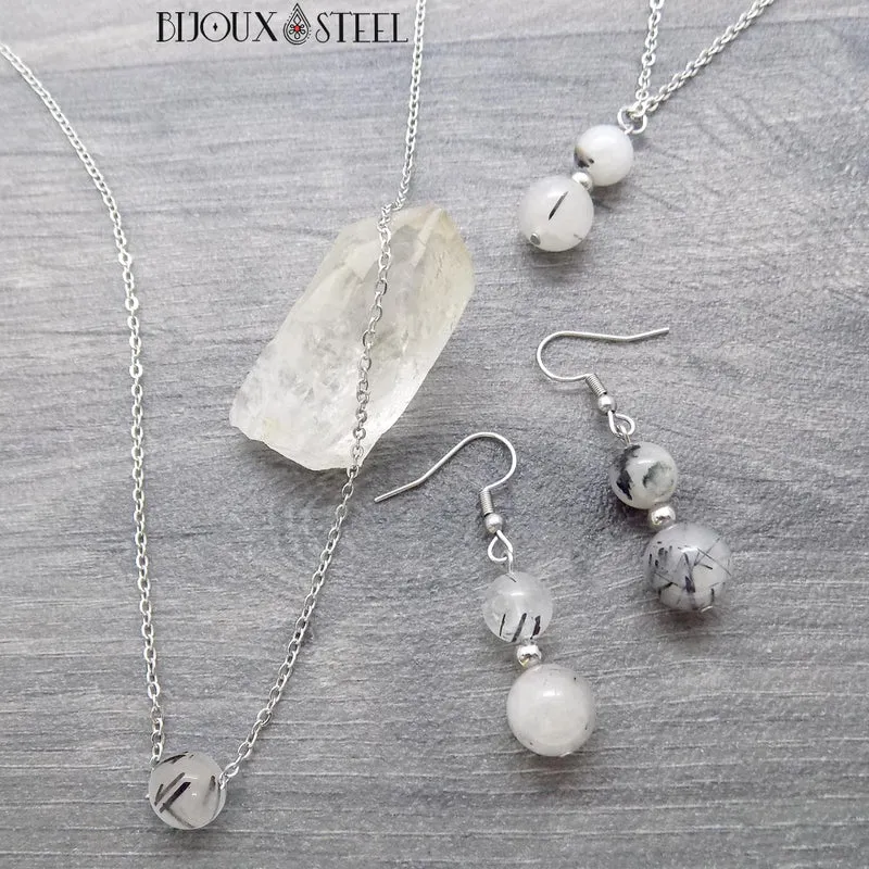 Boucles d'oreilles pendantes doubles perles en quartz tourmaline