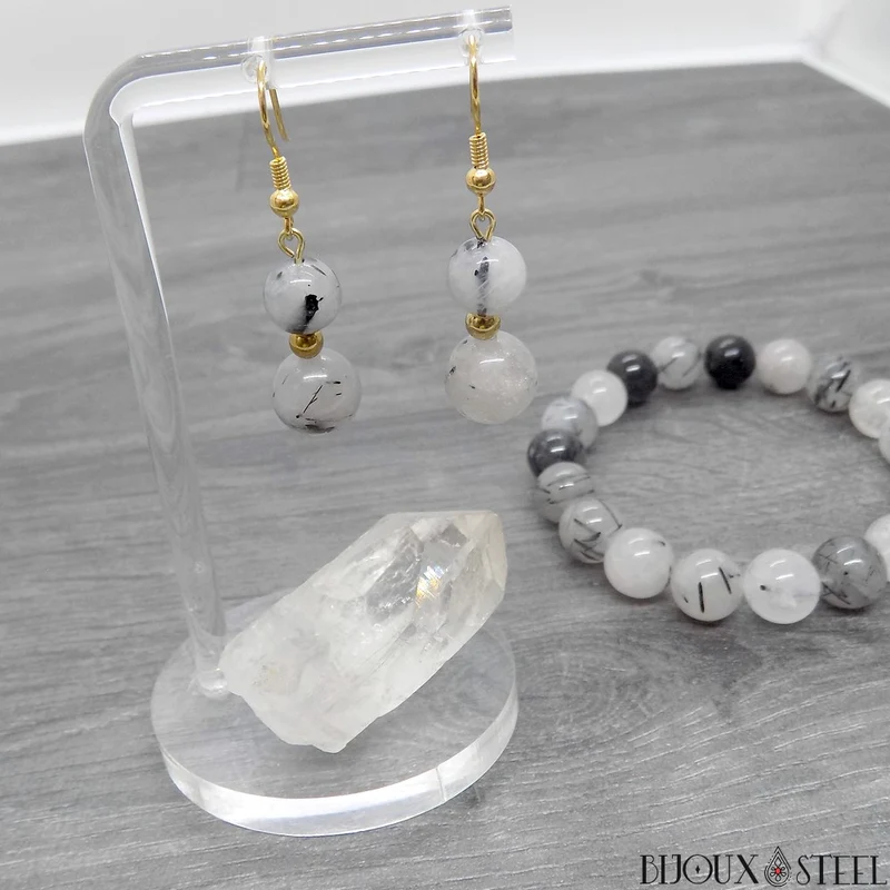 Boucles d'oreilles pendantes doubles perles en quartz tourmaline