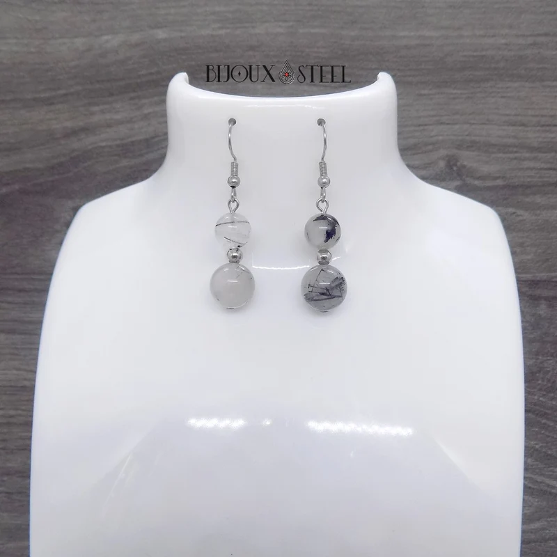 Boucles d'oreilles pendantes doubles perles en quartz tourmaline