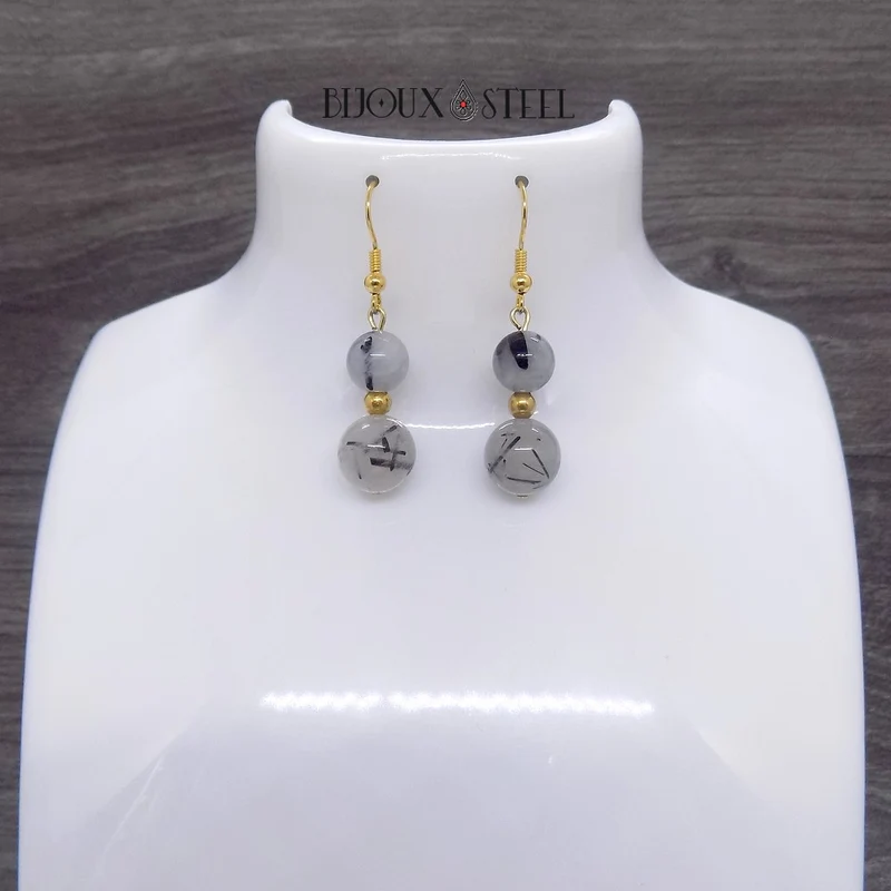 Boucles d'oreilles pendantes doubles perles en quartz tourmaline