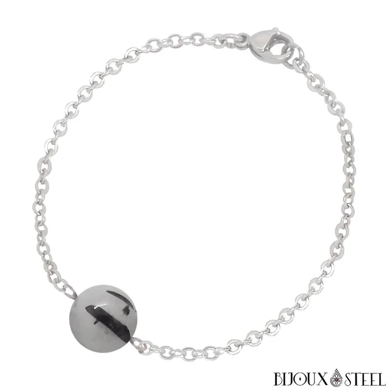 Bracelet à perle de quartz tourmaline en acier inoxydable