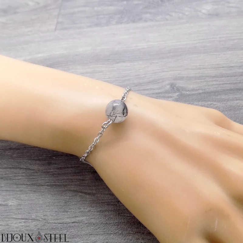 Bracelet à perle de quartz tourmaline en acier inoxydable