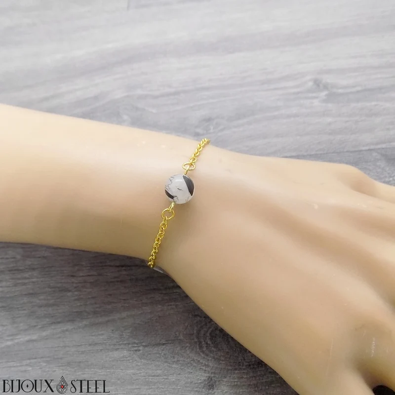 Bracelet à perle de quartz tourmaline en acier inoxydable
