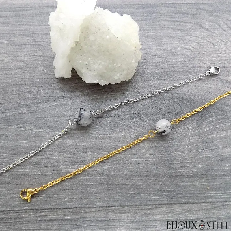 Bracelet à perle de quartz tourmaline en acier inoxydable