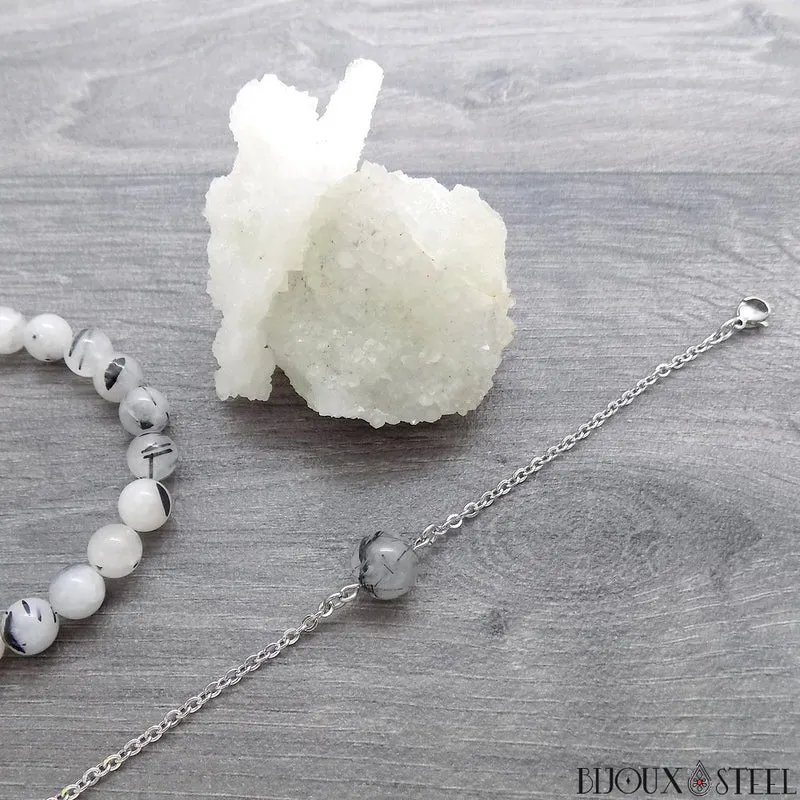 Bracelet à perle de quartz tourmaline en acier inoxydable