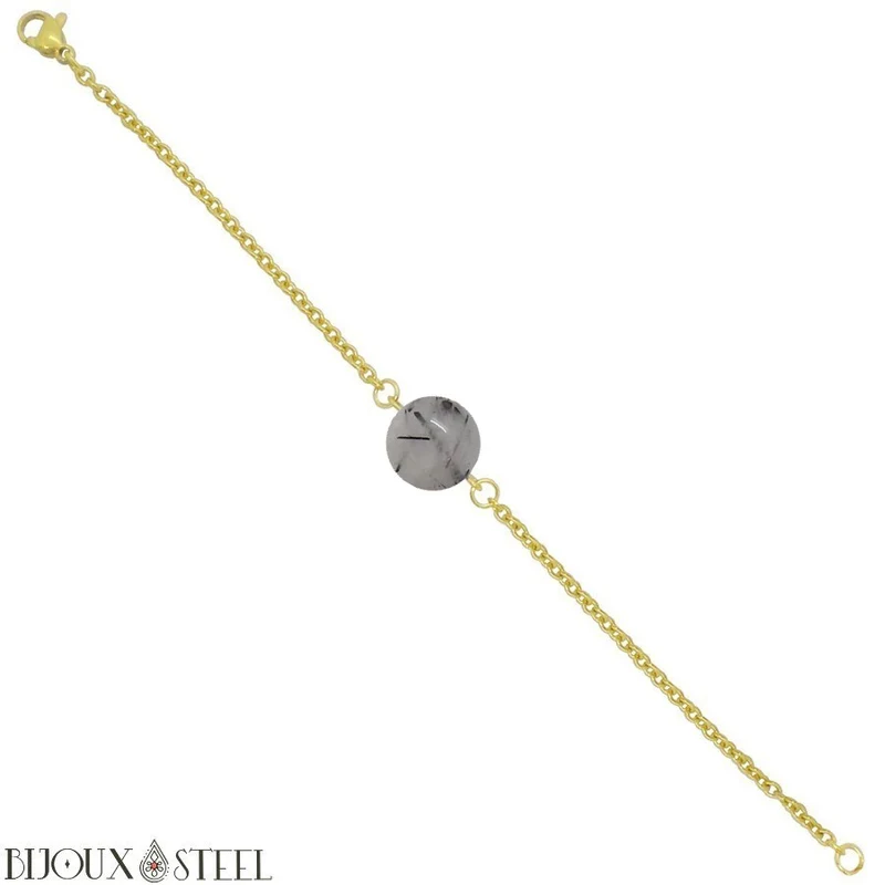 Bracelet à perle de quartz tourmaline en acier inoxydable