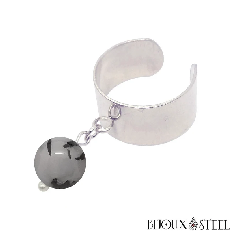 Bague large ajustable à perle de quartz tourmaline