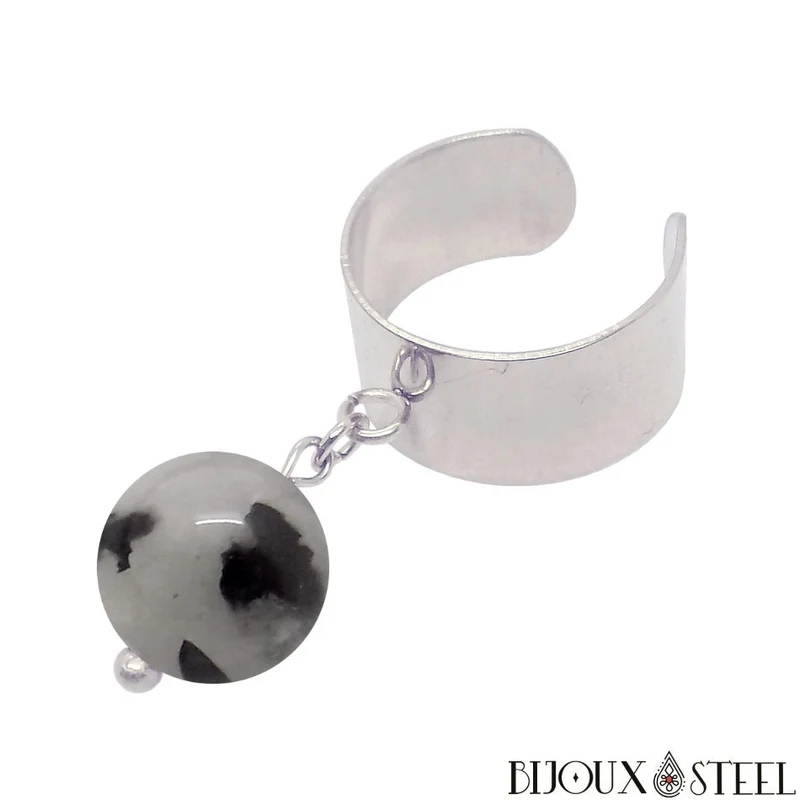 Bague large ajustable à perle de quartz tourmaline