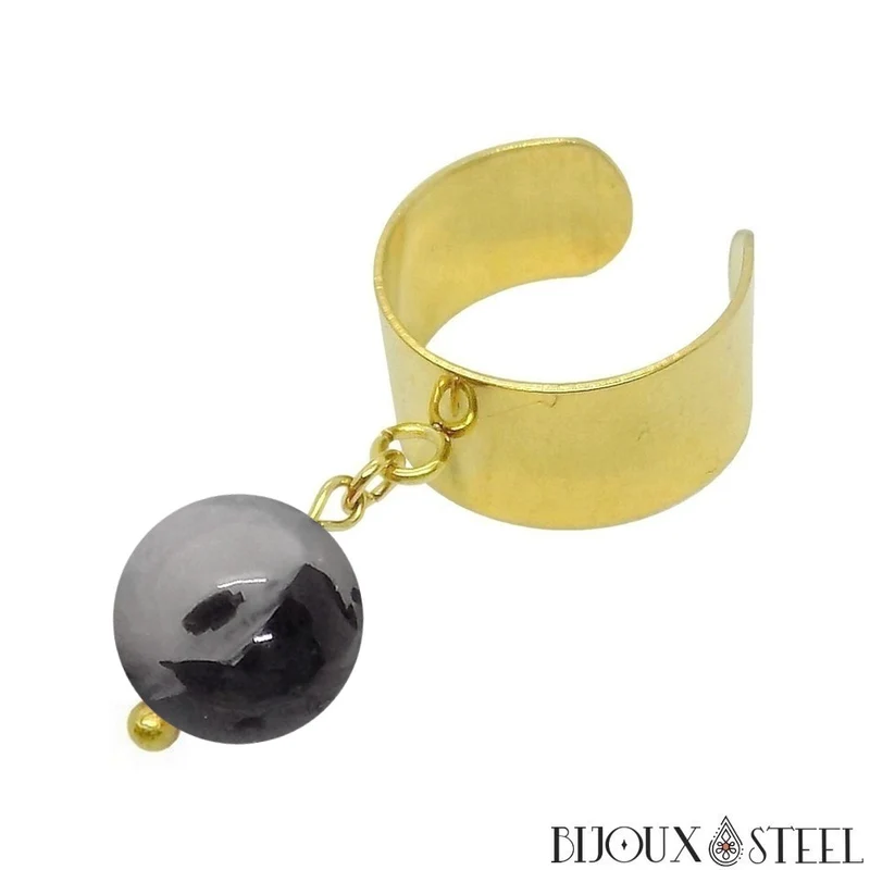 Bague large ajustable à perle de quartz tourmaline