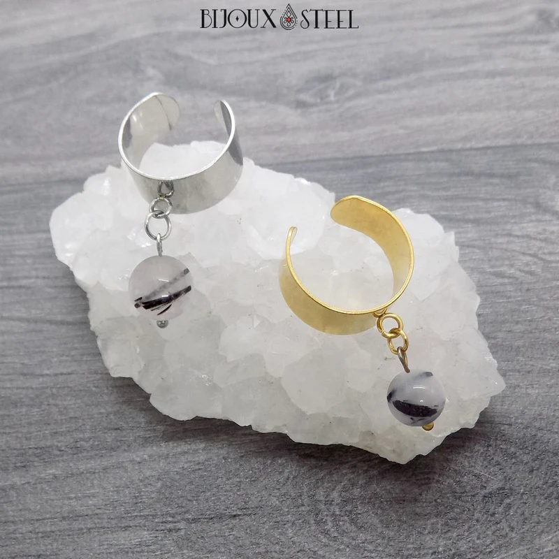 Bague large ajustable à perle de quartz tourmaline