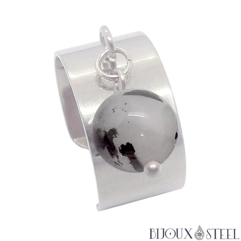 Bague large ajustable à perle de quartz tourmaline