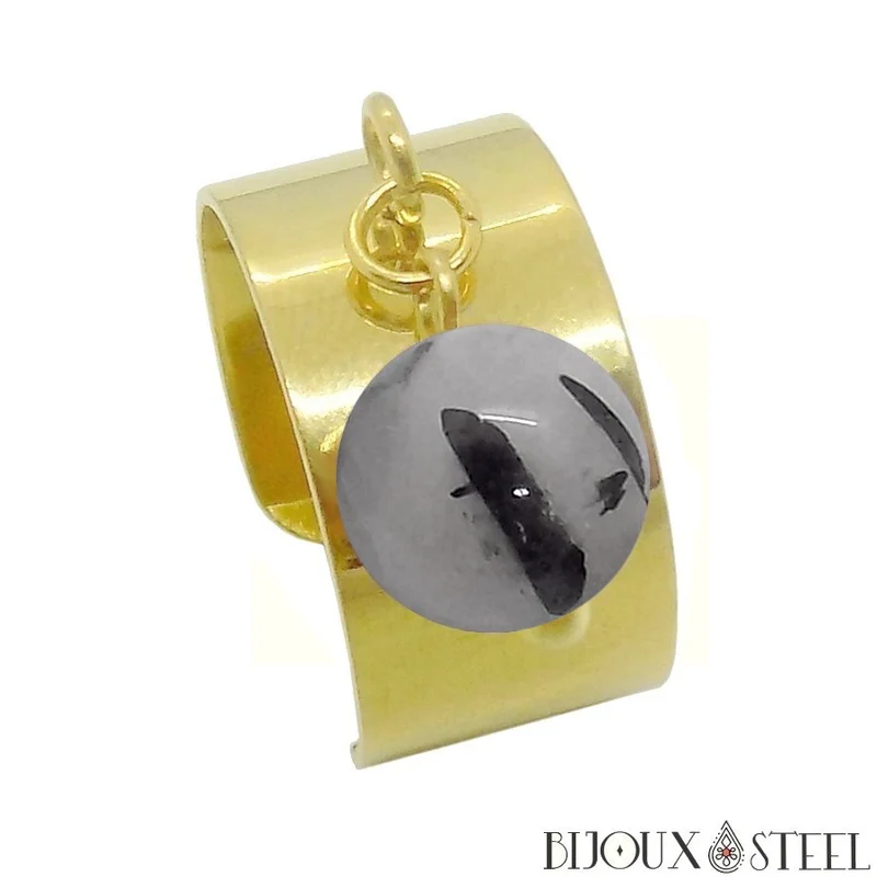 Bague large ajustable à perle de quartz tourmaline