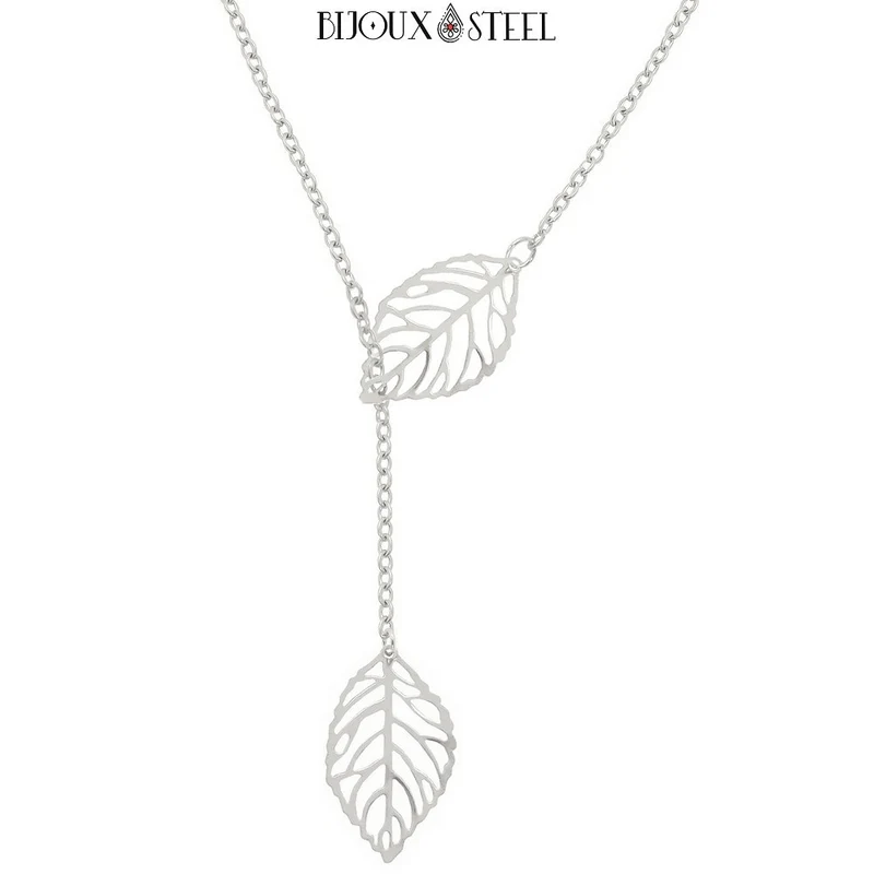 Collier en y deux feuilles en acier inoxydable