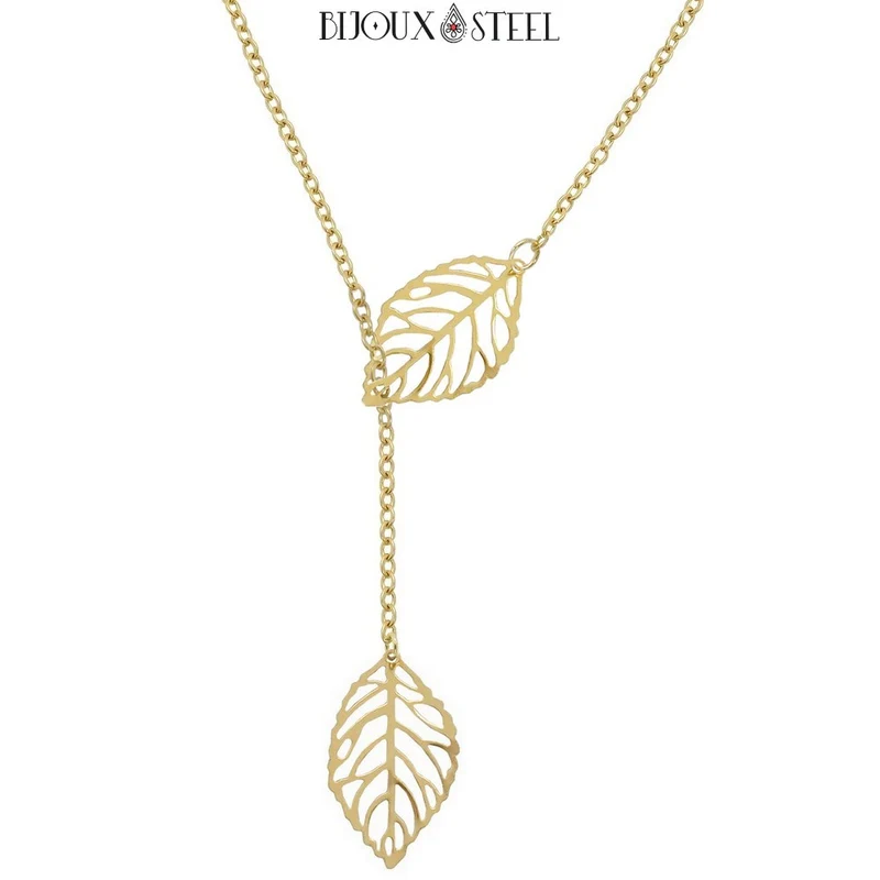 Collier en y deux feuilles en acier inoxydable