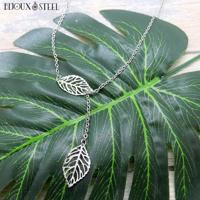 Collier en y deux feuilles en acier inoxydable