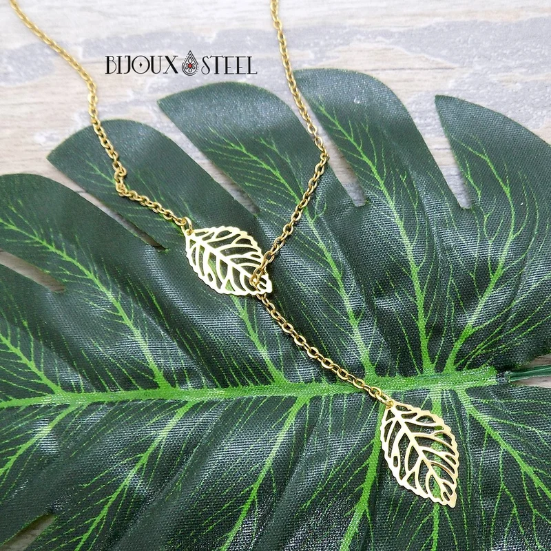 Collier en y deux feuilles en acier inoxydable