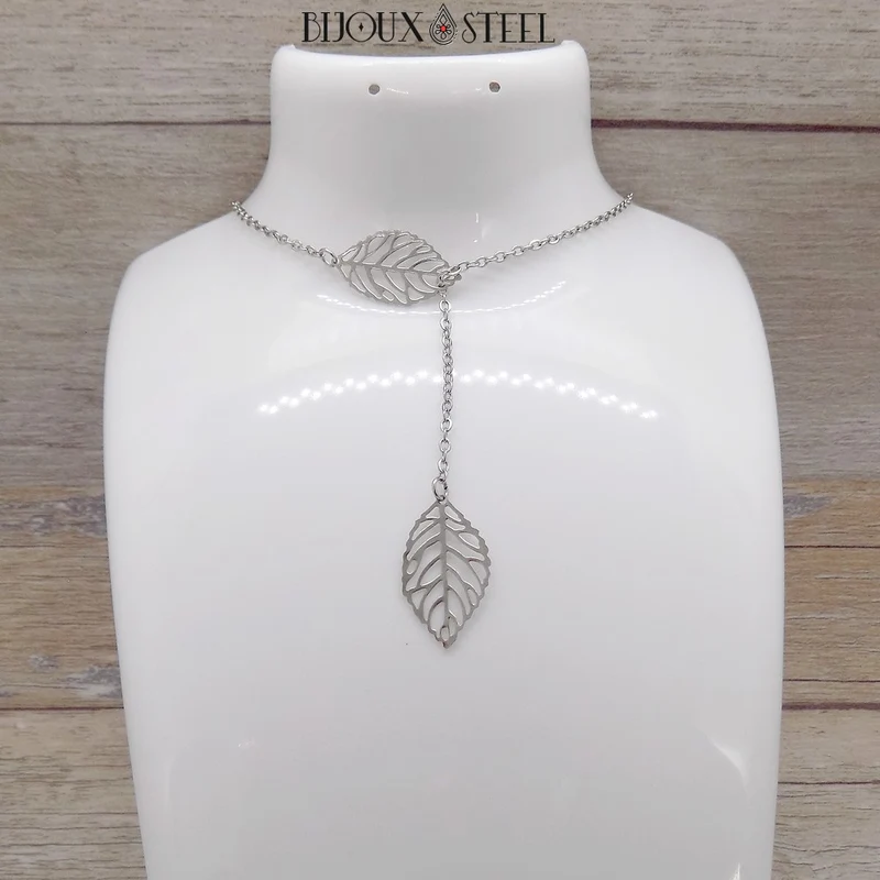 Collier en y deux feuilles en acier inoxydable