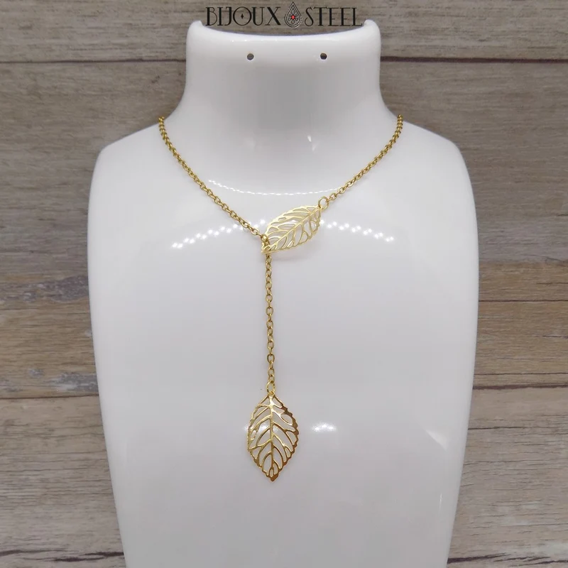 Collier en y deux feuilles en acier inoxydable
