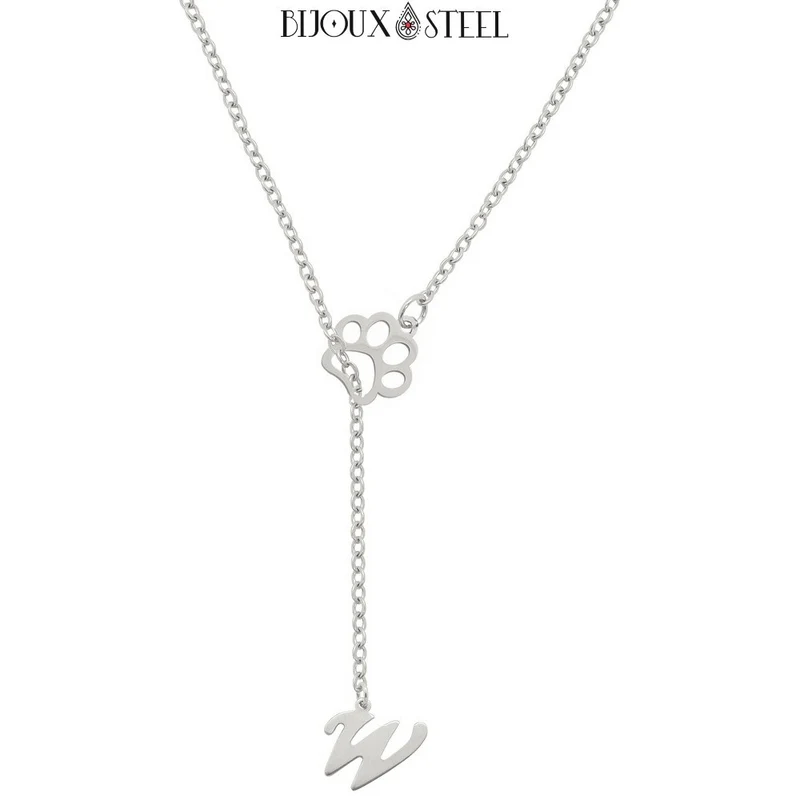 Collier en y patte de chien à pendentif lettre personnalisée en acier inoxydable
