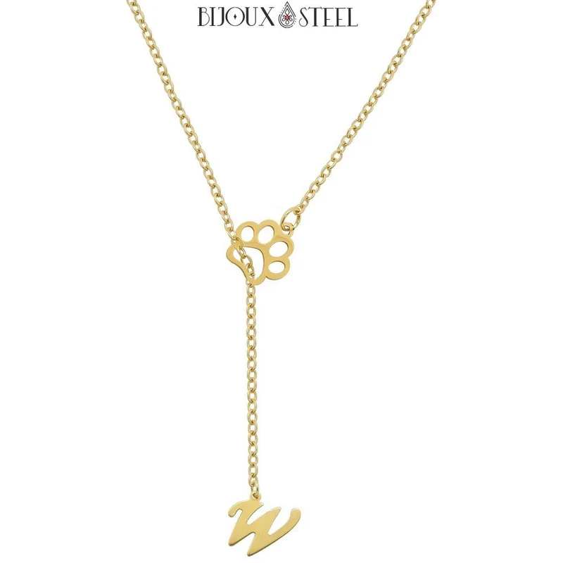 Collier en y patte de chien à pendentif lettre personnalisée en acier inoxydable