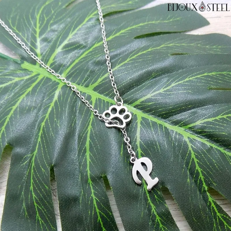 Collier en y patte de chien à pendentif lettre personnalisée en acier inoxydable
