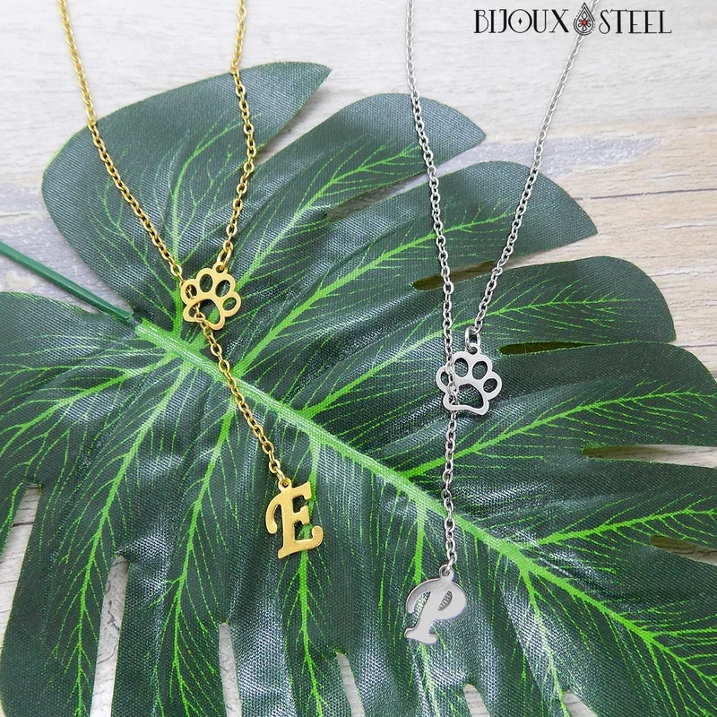 Collier en y patte de chien à pendentif lettre personnalisée en acier inoxydable