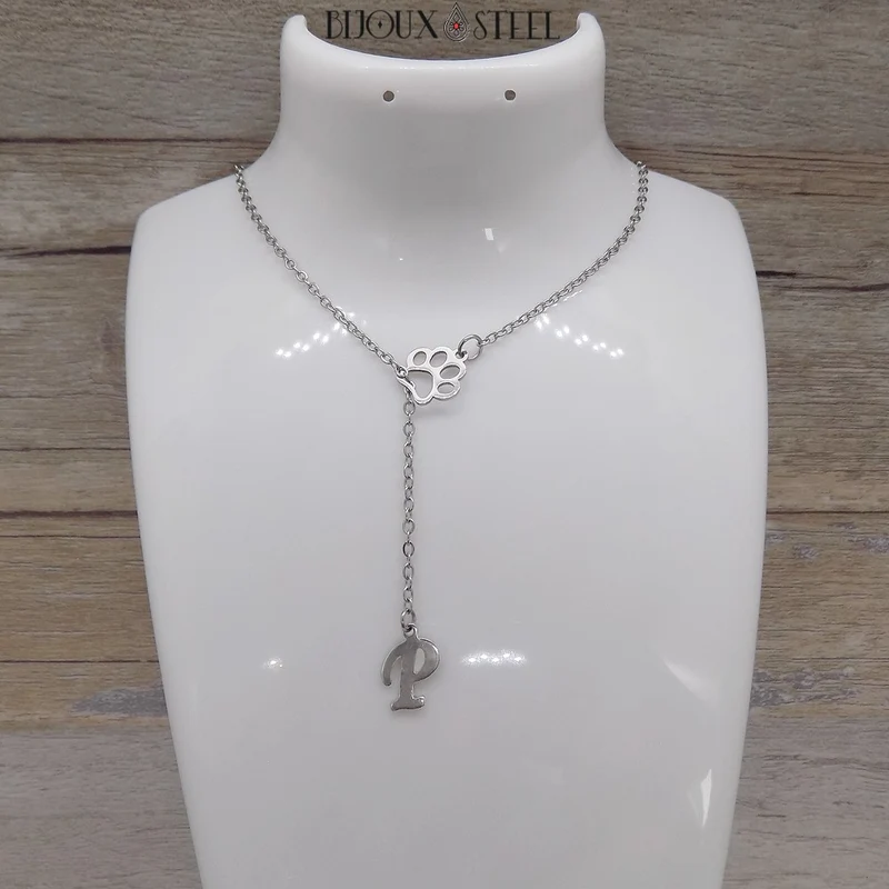 Collier en y patte de chien à pendentif lettre personnalisée en acier inoxydable