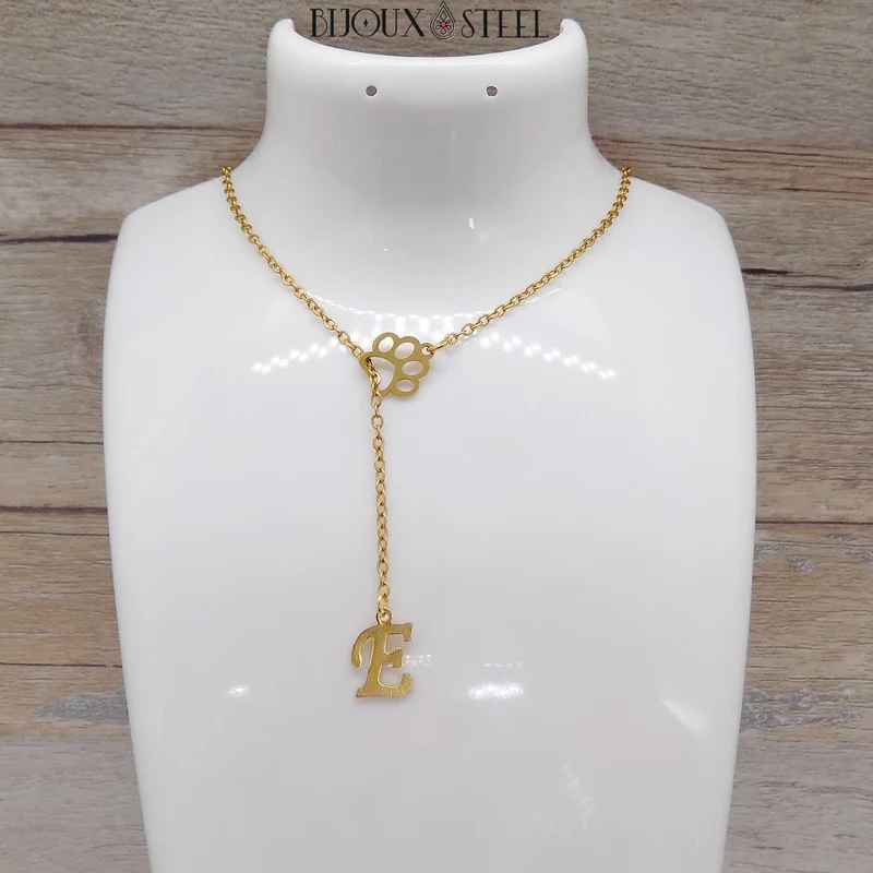 Collier en y patte de chien à pendentif lettre personnalisée en acier inoxydable