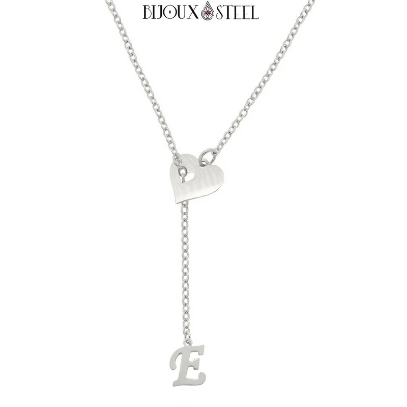 Collier en y coeur à pendentif lettre personnalisée en acier inoxydable
