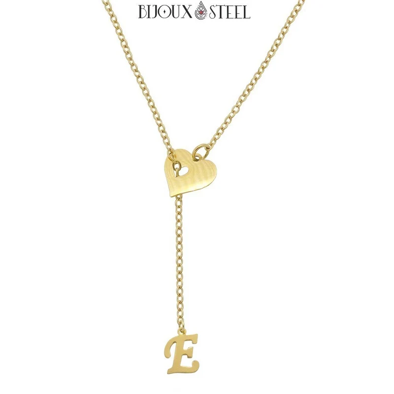 Collier en y coeur à pendentif lettre personnalisée en acier inoxydable