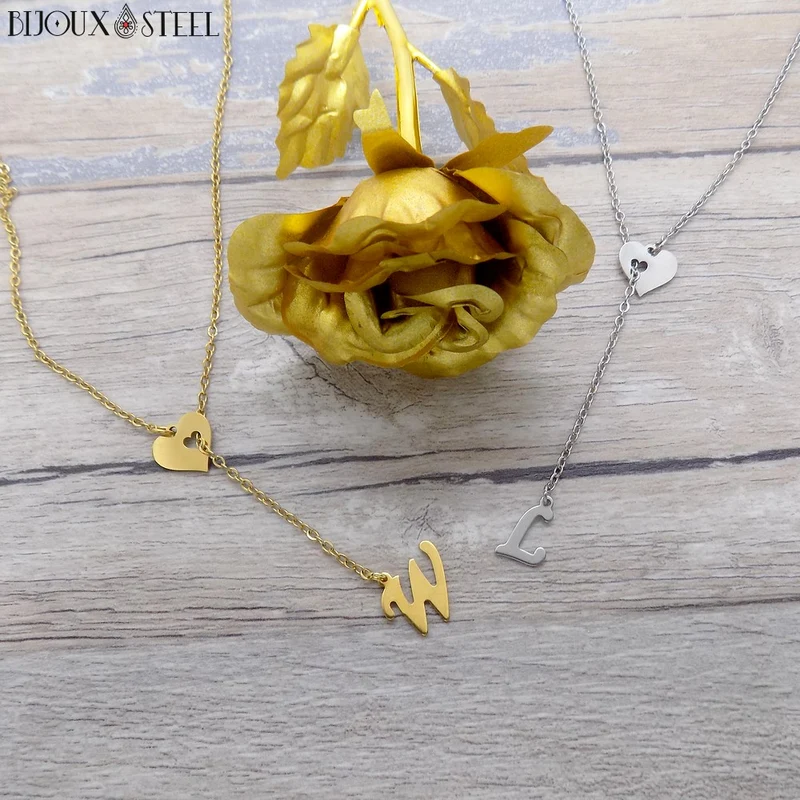 Collier en y coeur à pendentif lettre personnalisée en acier inoxydable