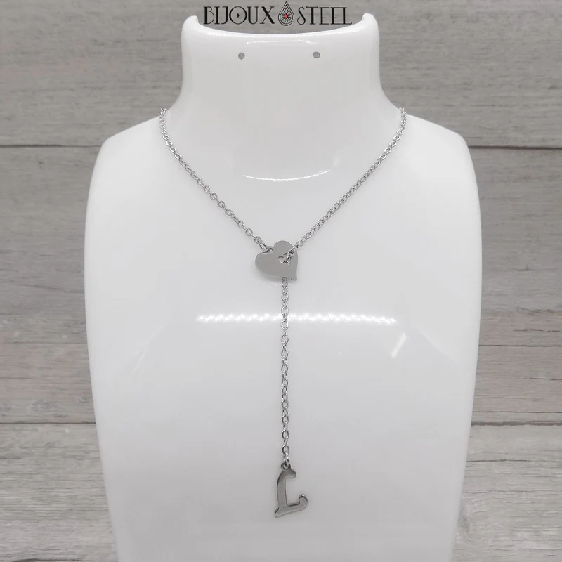 Collier en y coeur à pendentif lettre personnalisée en acier inoxydable
