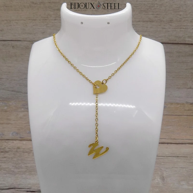 Collier en y coeur à pendentif lettre personnalisée en acier inoxydable