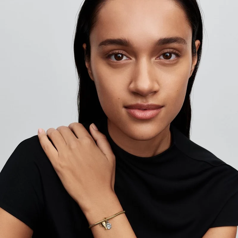 Pandora Moments Double Charm Pendant Trophée Gravable Enamel Cubic Zirconia Plaqué Or 764715C01