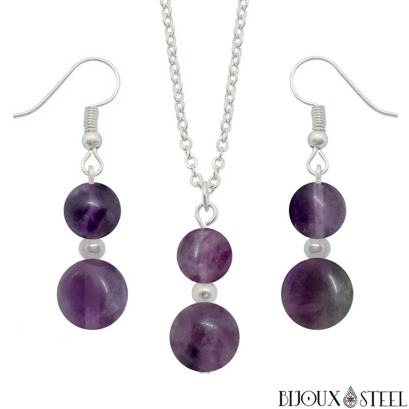 Parure fluorite violette en pierre naturelle et acier inoxydable