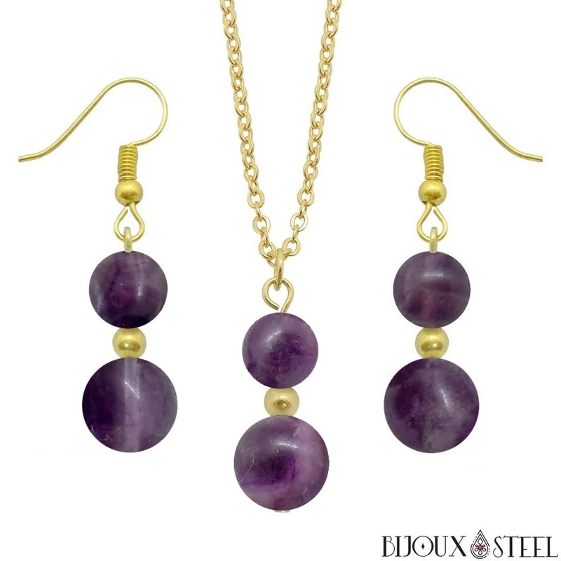 Parure fluorite violette en pierre naturelle et acier inoxydable