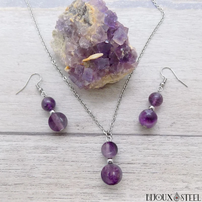 Parure fluorite violette en pierre naturelle et acier inoxydable
