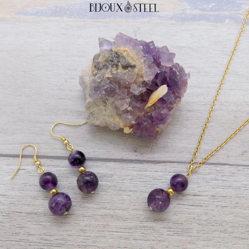 Parure fluorite violette en pierre naturelle et acier inoxydable