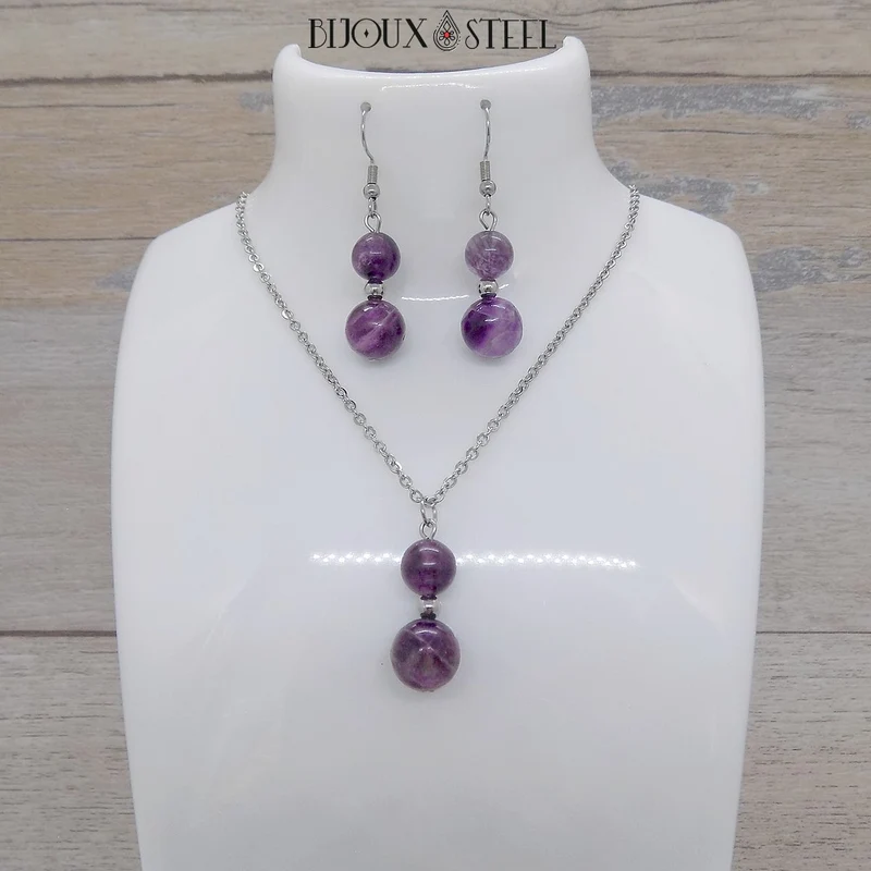 Parure fluorite violette en pierre naturelle et acier inoxydable