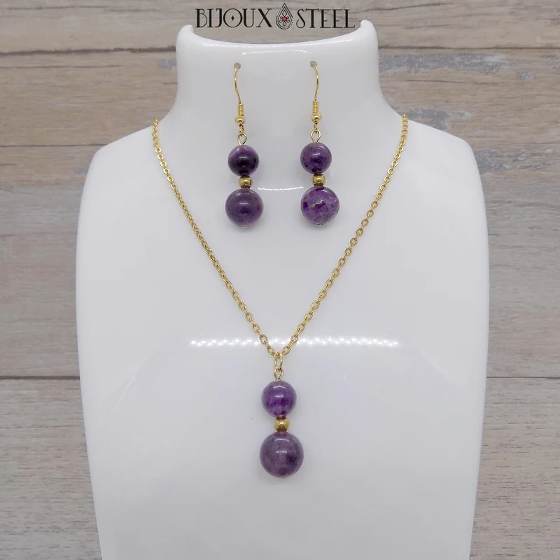 Parure fluorite violette en pierre naturelle et acier inoxydable