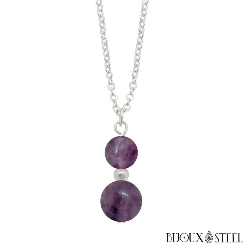 Collier à pendentif deux perles en pierre de fluorite violette