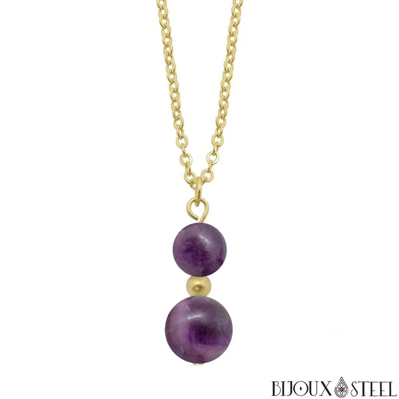 Collier à pendentif deux perles en pierre de fluorite violette