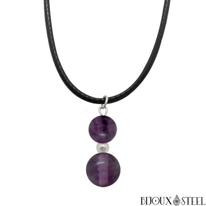 Collier à pendentif deux perles en pierre de fluorite violette